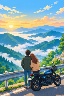 Romantic Couple on a Motorcycle with Mountain Sunset View