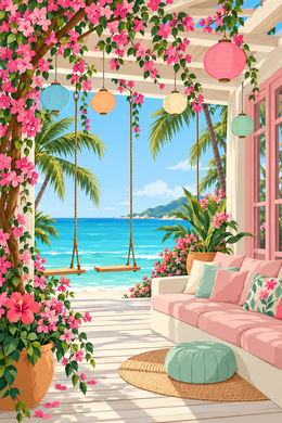 Tropical Beachside Pergola with Pink Flowers